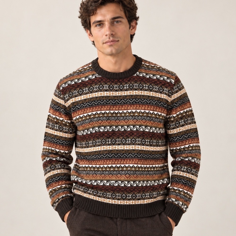 Peruvian Alpaca Blend Sweater Mens L Brown Fair Isle Knit Gorp Cabin Luxury